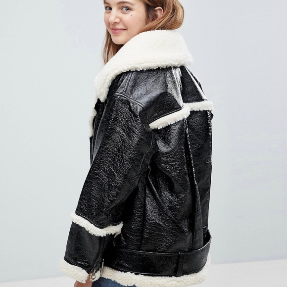 Oversized Faux Leather with Shearling Aviator Jacket Size XS - Picture 10 of 10